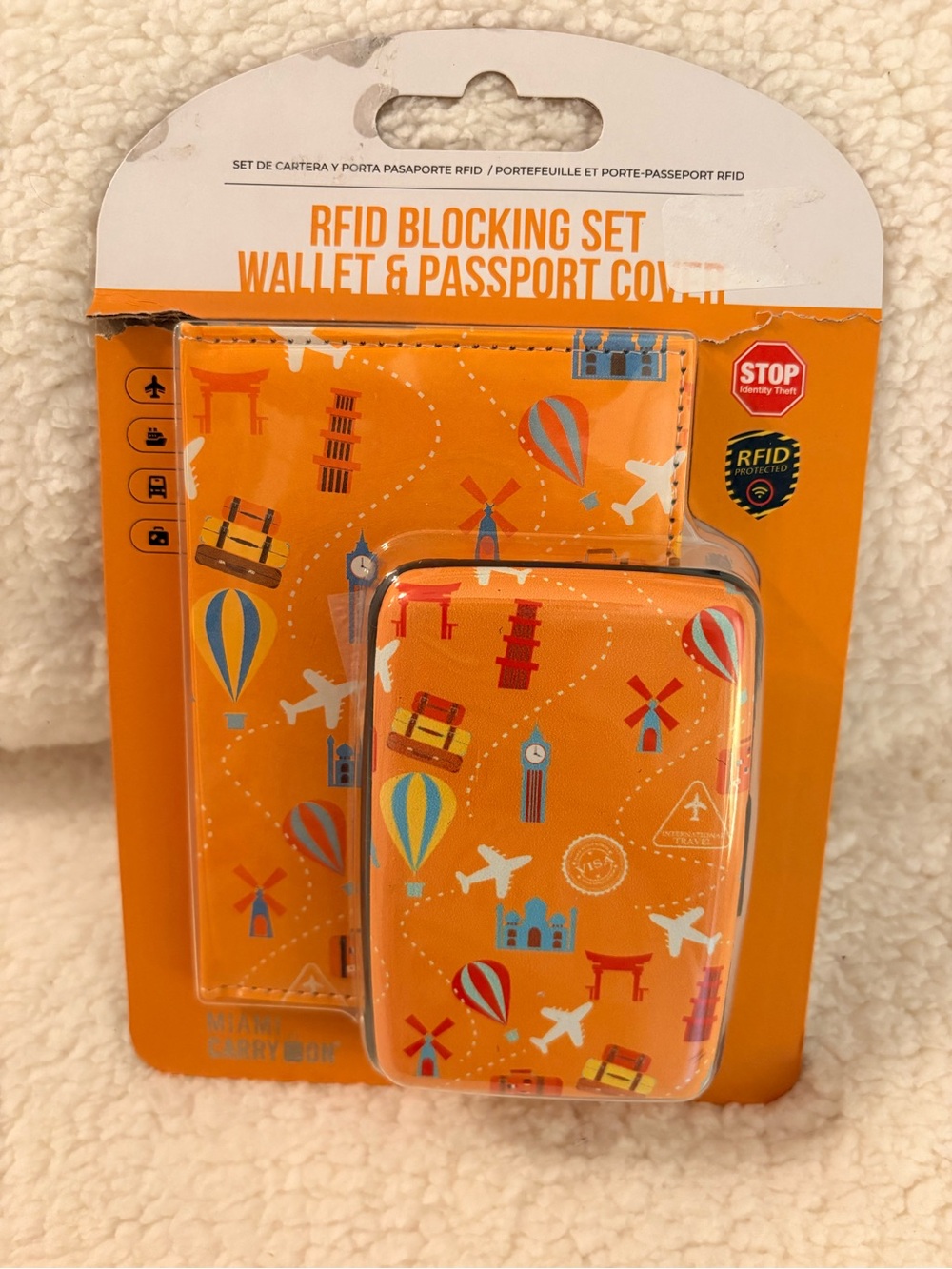 Miami CarryOn RFID Blocking Wallet & Passport Cover Set NWT Orange Travel Print